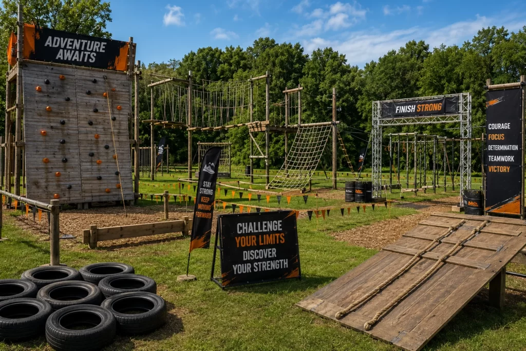 Corporate obstacle course designed for team-building activities.