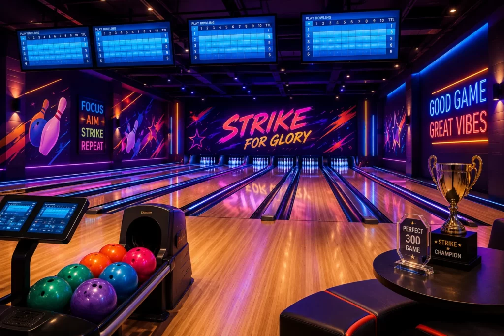 Bowling tournament setup for corporate team-building events.