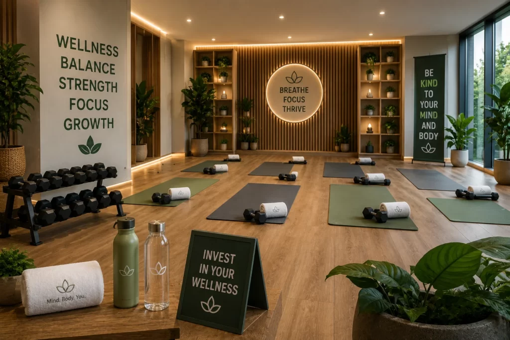 Corporate wellness event setup with yoga and fitness equipment.