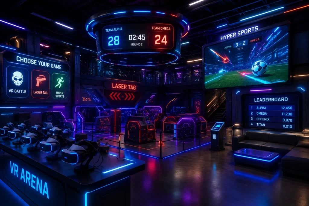 VR sports and laser tag activities for corporate team-building events.