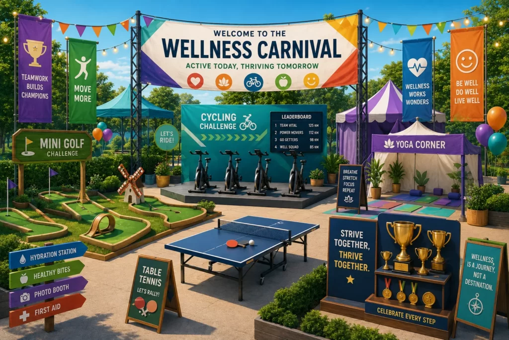 Corporate wellness carnival featuring multiple sports activities.