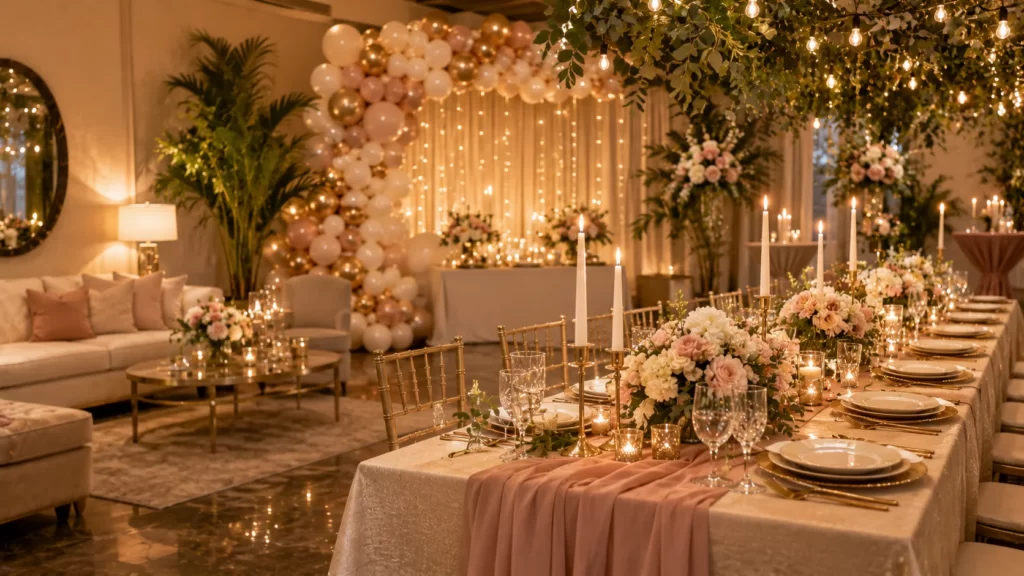 Elegant party decorations with balloons flowers and table styling