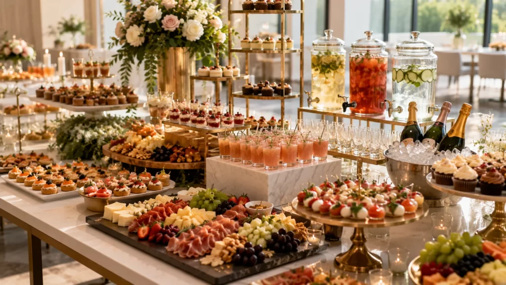 Party buffet with appetizers desserts mocktails and beverage station