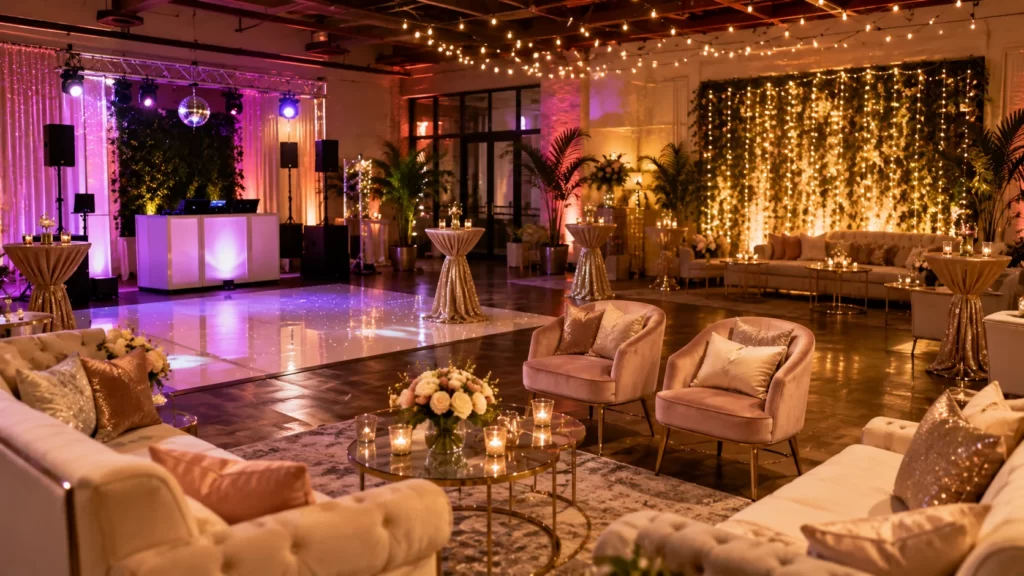 Luxury party lounge entertainment area with dance floor and photo backdrop