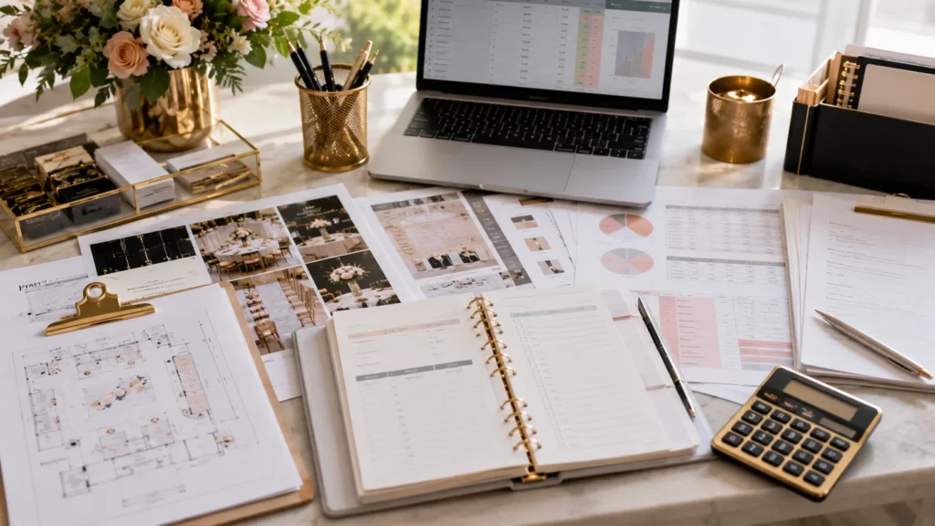 Organized event planning supplies with budget checklist and venue planning