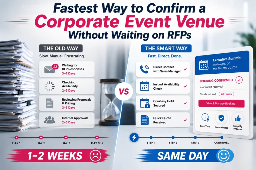 Comparison between delayed venue RFP responses and fast direct booking workflow