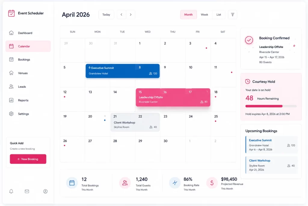 Corporate venue booking calendar showing a 72-hour courtesy hold confirmation
