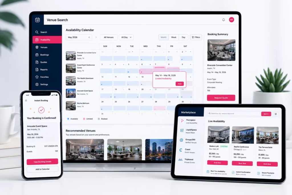 Corporate venue sourcing tools displaying real-time meeting space availability