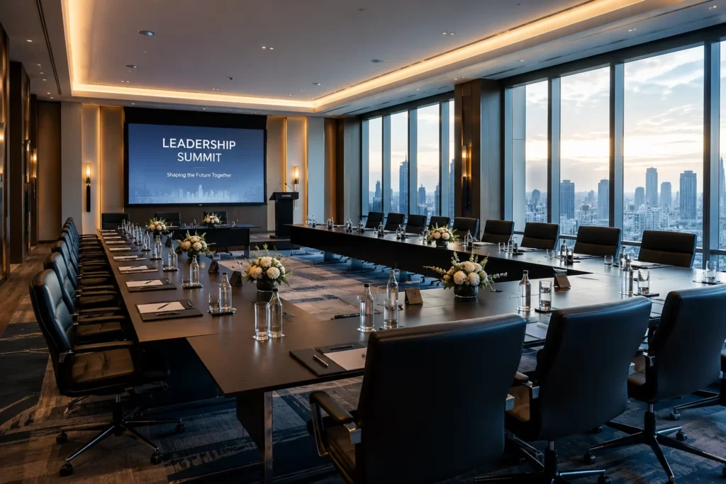 Executive leadership summit setup prepared inside a modern corporate event venue