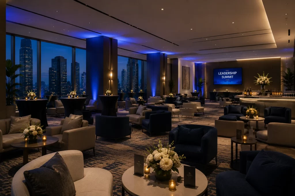 Modern corporate event venue prepared for an executive meeting and networking session