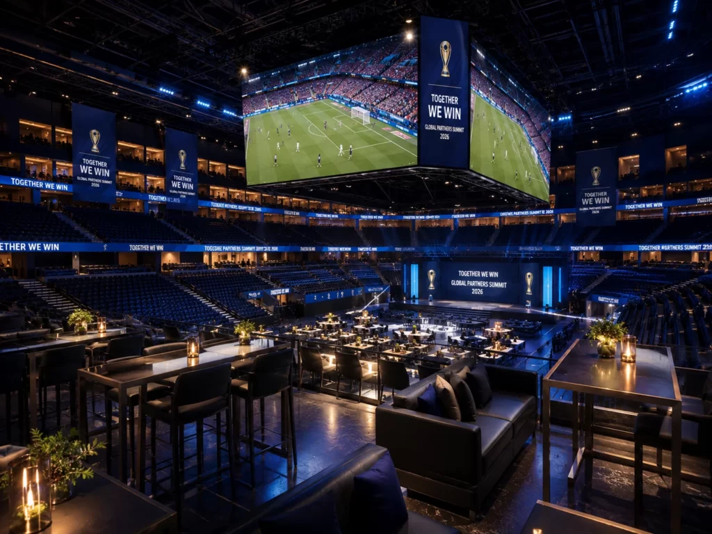 Corporate sports venue with giant screen for World Cup viewing event