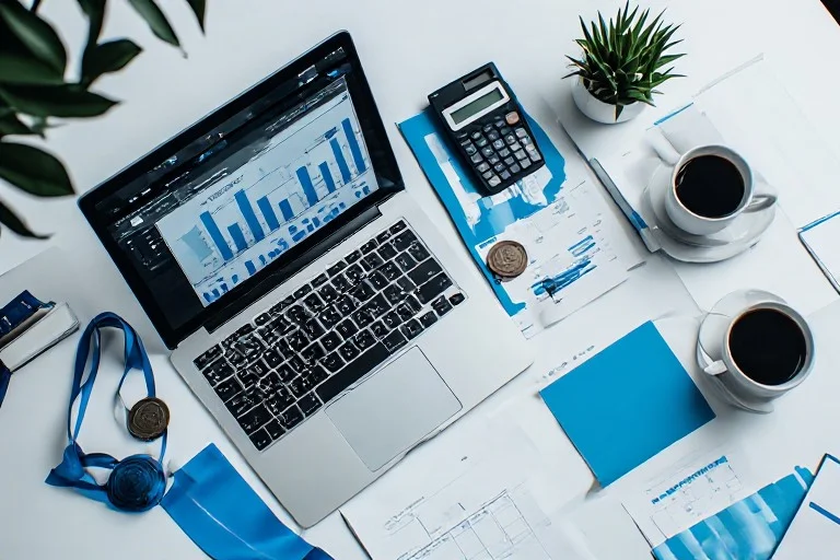 Corporate 5K budget planning workspace with calculator, expense sheets, and sponsorship proposals