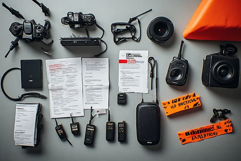 Corporate event logistics equipment including timing system, PA speakers, photography gear, and event supplies