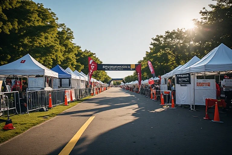 Corporate 5K race-day setup with hydration stations, finish arch, and event operations equipment