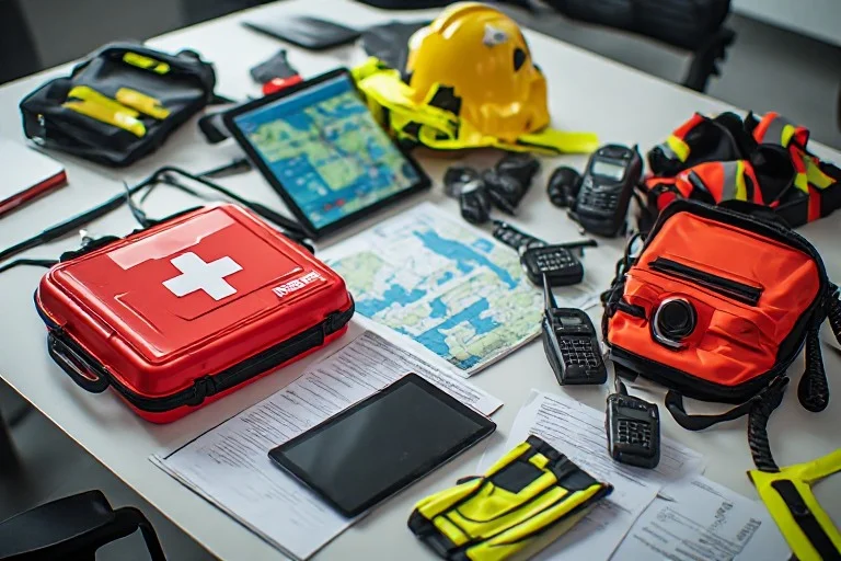 Corporate 5K emergency planning workspace with first aid kit, AED, weather monitoring, and safety checklist