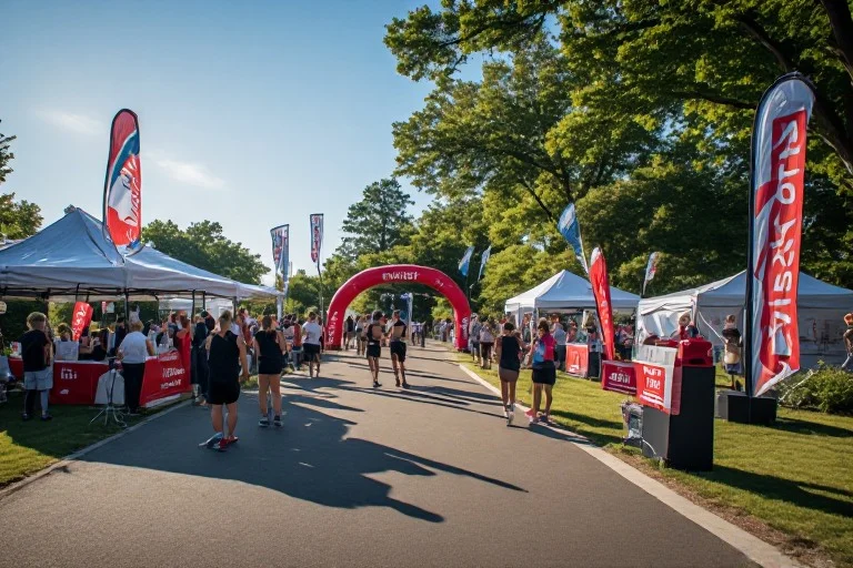 Professional corporate event venue prepared for a successful corporate 5K with sponsor booths and finish line