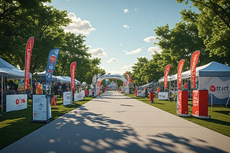Outdoor corporate 5K venue setup with start arch, sponsor tents, and wellness event layout