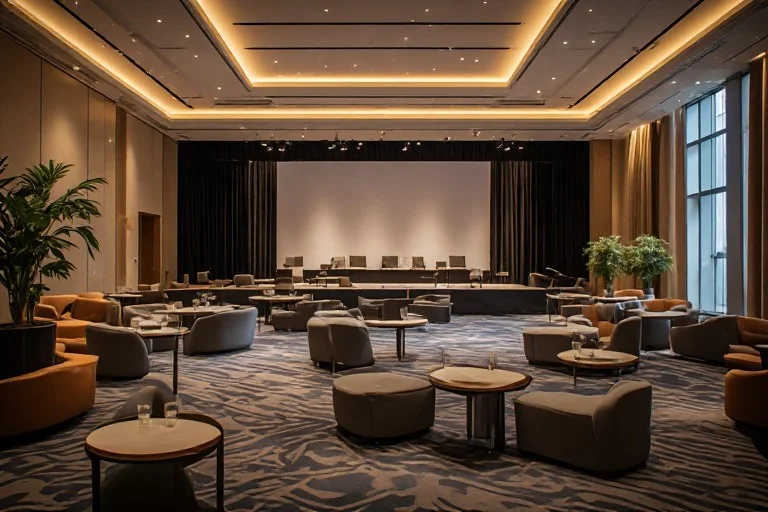 Open hybrid corporate venue with networking lounge, cocktail tables, flexible seating, and presentation stage.