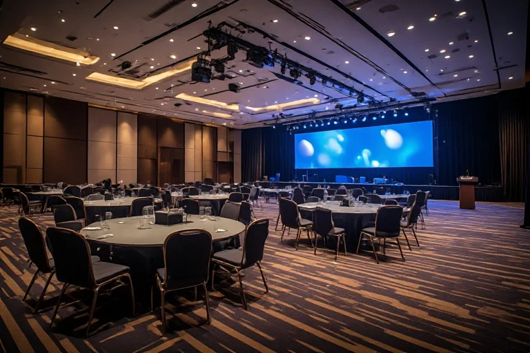 Modern hybrid event venue prepared for a corporate networking event with flexible furniture, presentation stage, and technology infrastructure.