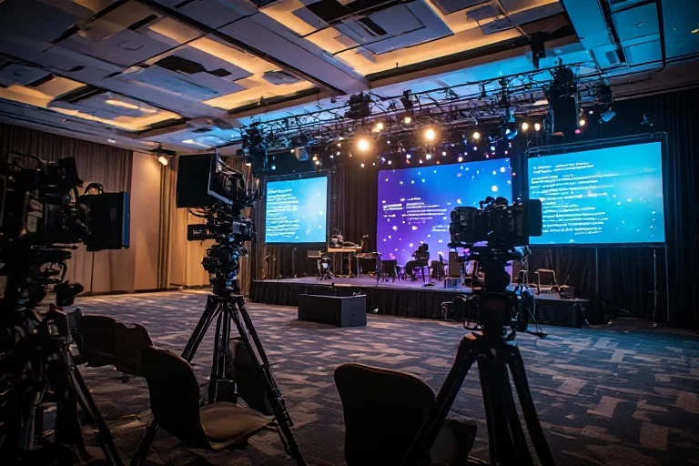 Modern hybrid event stage with LED displays, professional cameras, presentation lighting, and production-ready conference setup.
