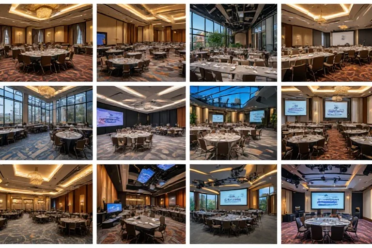 Modern corporate hybrid venues showcasing ballroom, conference center, rooftop, coworking, museum, and broadcast studio environments without attendees.