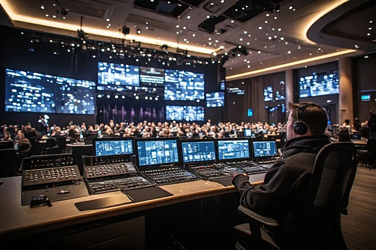 Professional hybrid event production control room managing livestreams, presentations, and event technology inside a corporate venue.
