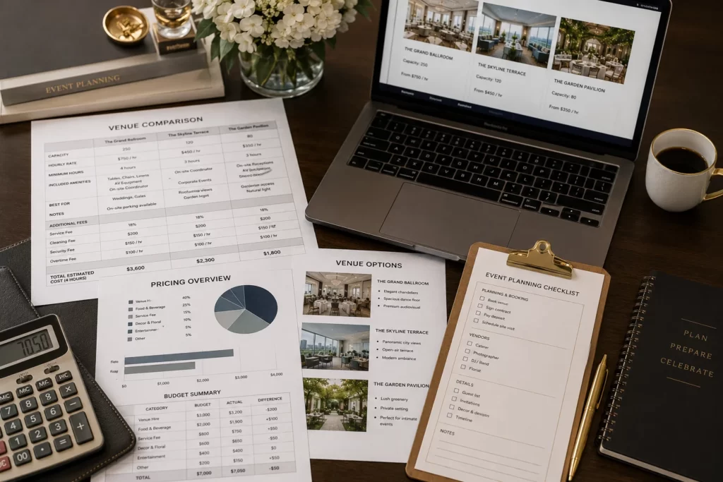 Event planner reviewing a venue comparison checklist and pricing worksheet.
