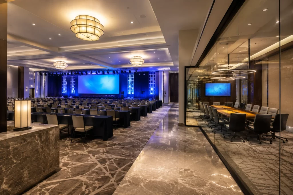 Modern corporate conference ballroom inside a luxury hotel.