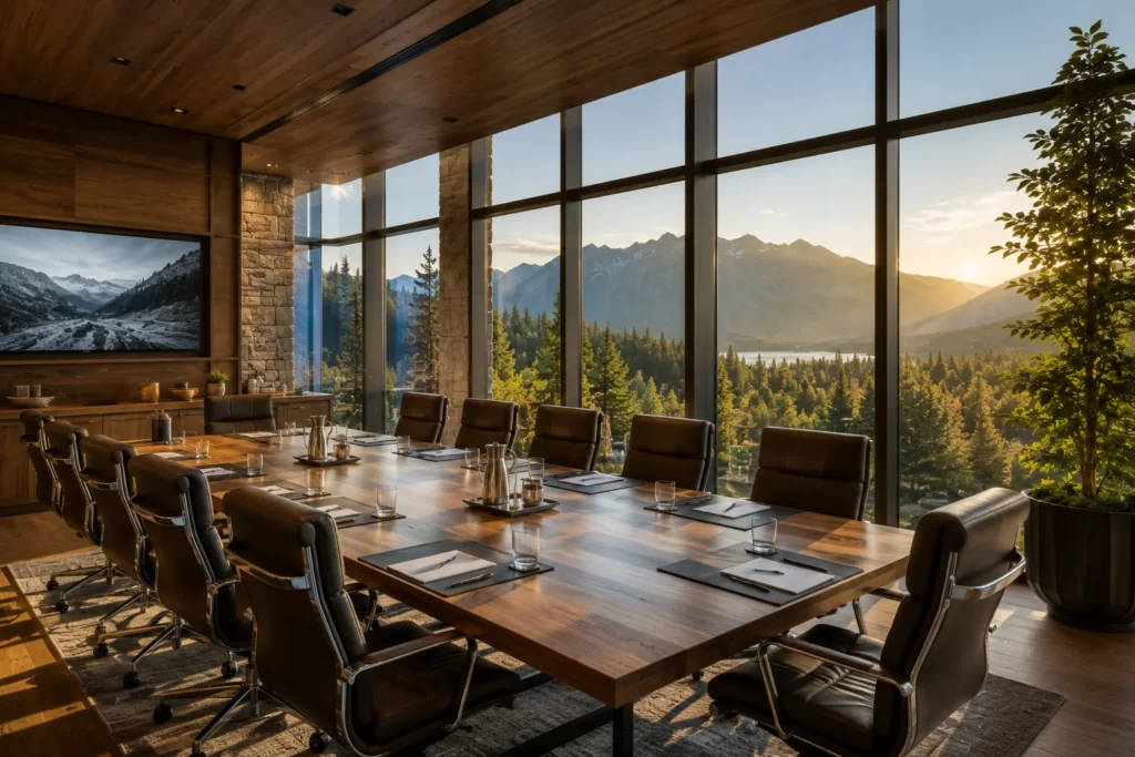 Executive retreat meeting space overlooking a mountain landscape.