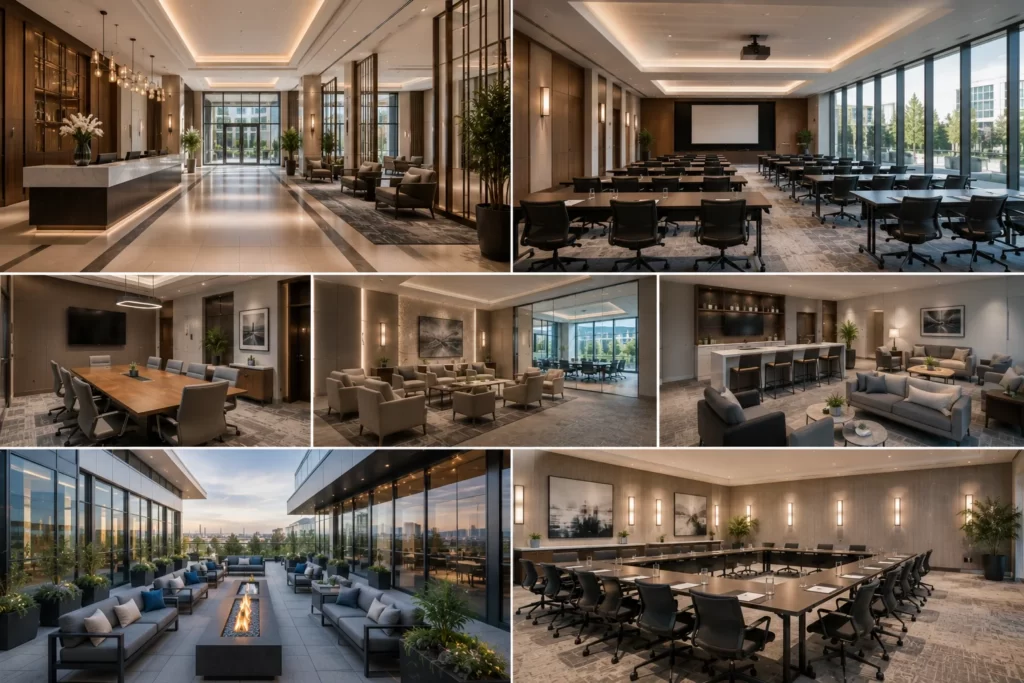 Modern corporate event venue with flexible meeting spaces.