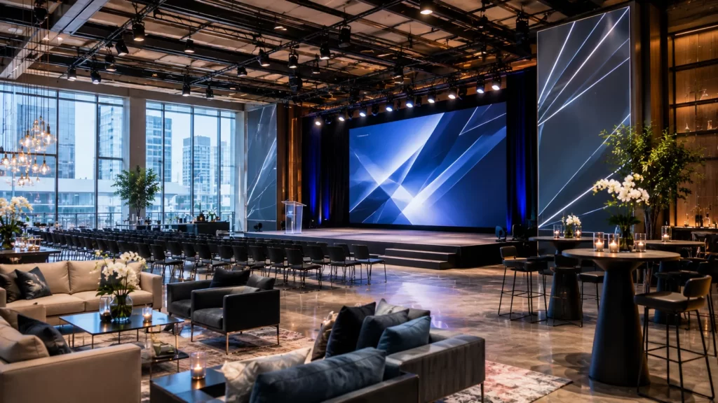 Modern corporate launch event venue with presentation stage, networking lounge, LED screen, and premium hospitality layout.