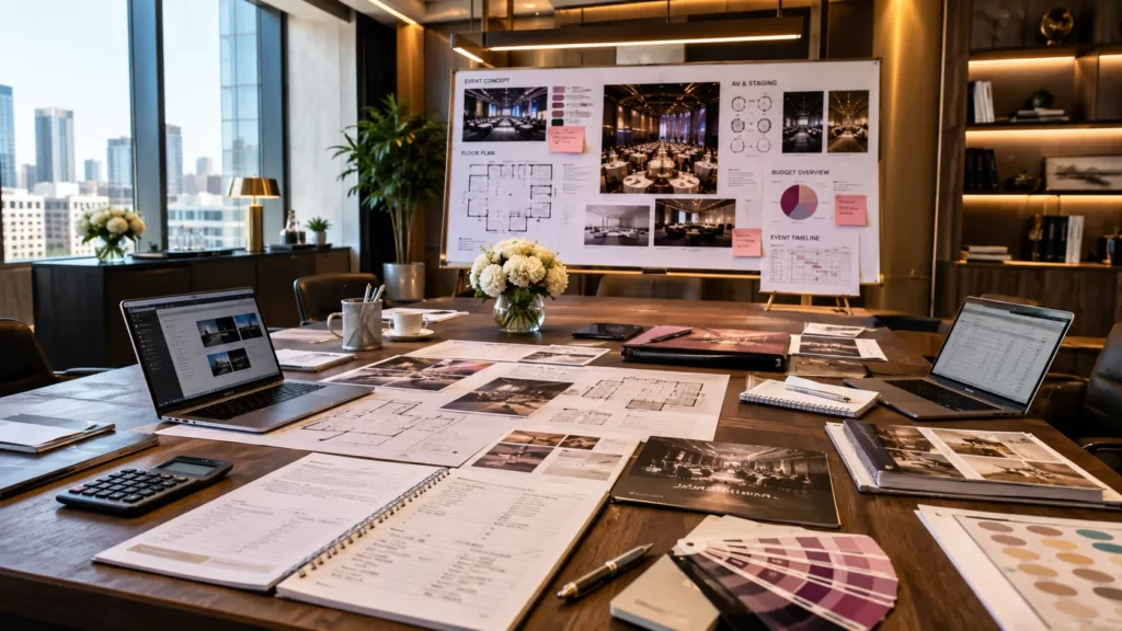 Product launch planning timeline with venue selection, budgeting, vendor coordination, and event execution milestones.