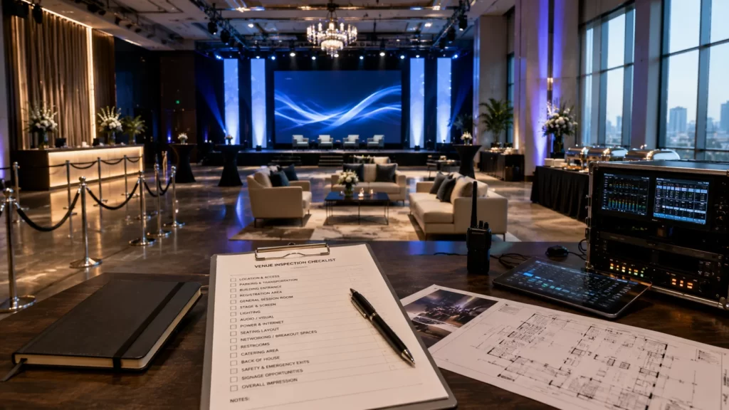 Corporate event venue inspection showing presentation stage, networking area, AV setup, and venue planning checklist.