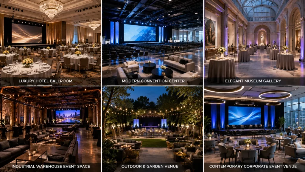 Comparison of corporate product launch venue styles including hotel ballroom, convention center, gallery, warehouse, outdoor venue, and dedicated event space.