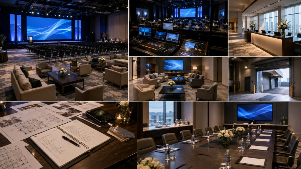 Corporate event venue walkthrough showing presentation stage, AV inspection, networking lounge, and venue planning documents.