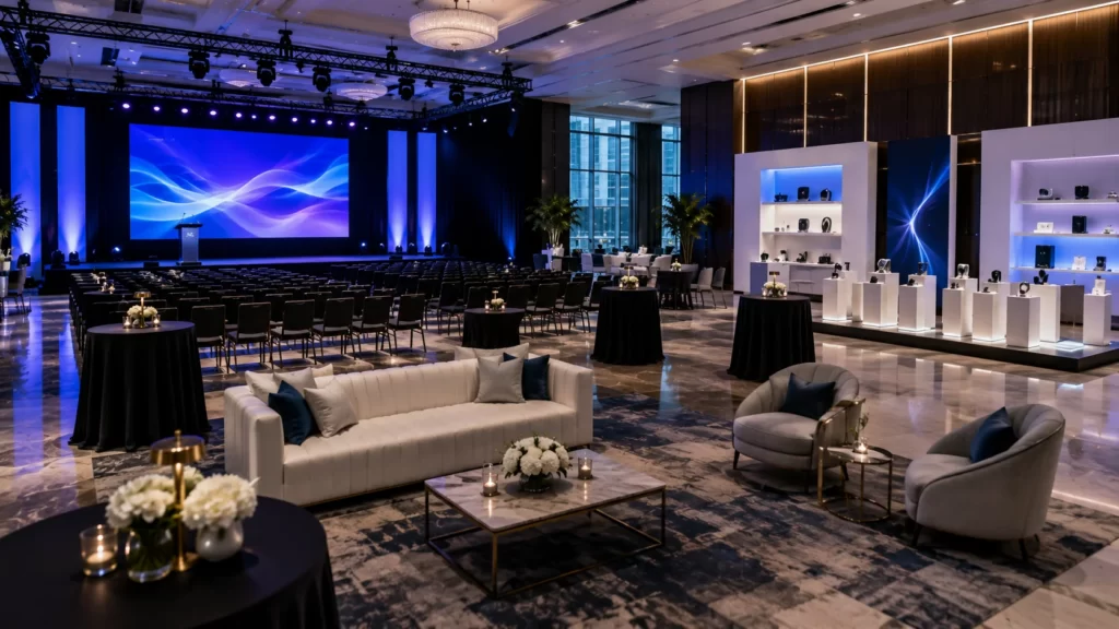 Elegant corporate product launch venue with presentation stage, networking area, premium lighting, and branded event setup.