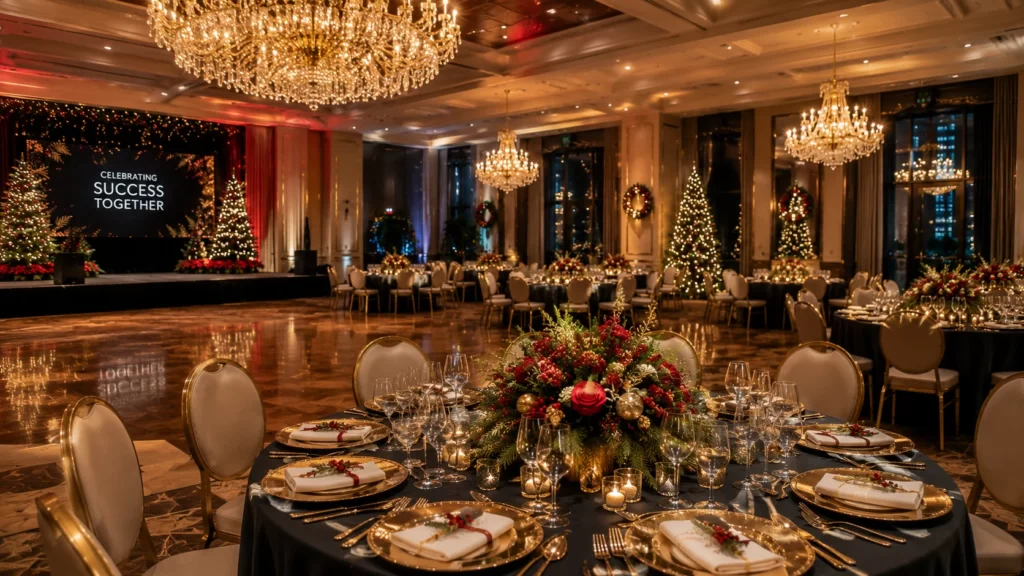 Elegant corporate holiday event venue featuring luxurious banquet seating, premium holiday décor, modern lighting design, and spacious ballroom layout.