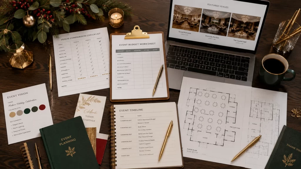 Corporate holiday venue evaluation checklist with budget planner, venue comparison sheets, event schedule, and planning documents.