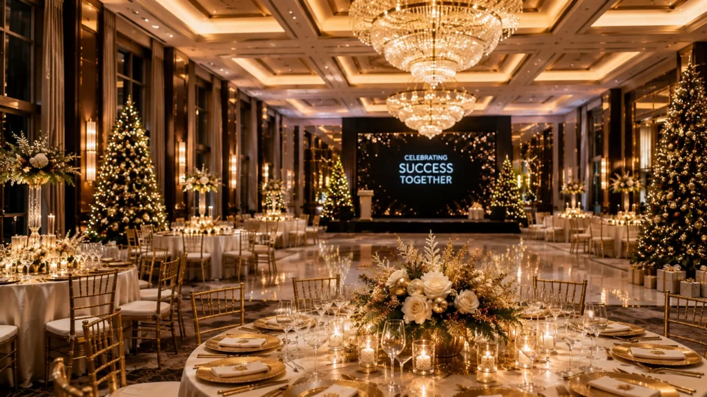 Luxury hotel ballroom decorated for a corporate holiday party with elegant banquet tables, festive lighting, premium holiday décor, and grand chandeliers.