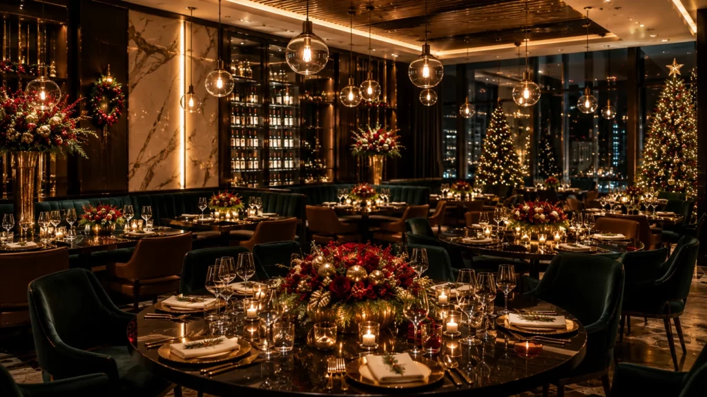 Elegant private dining room decorated for a corporate holiday dinner featuring festive table settings, ambient lighting, and upscale restaurant décor.