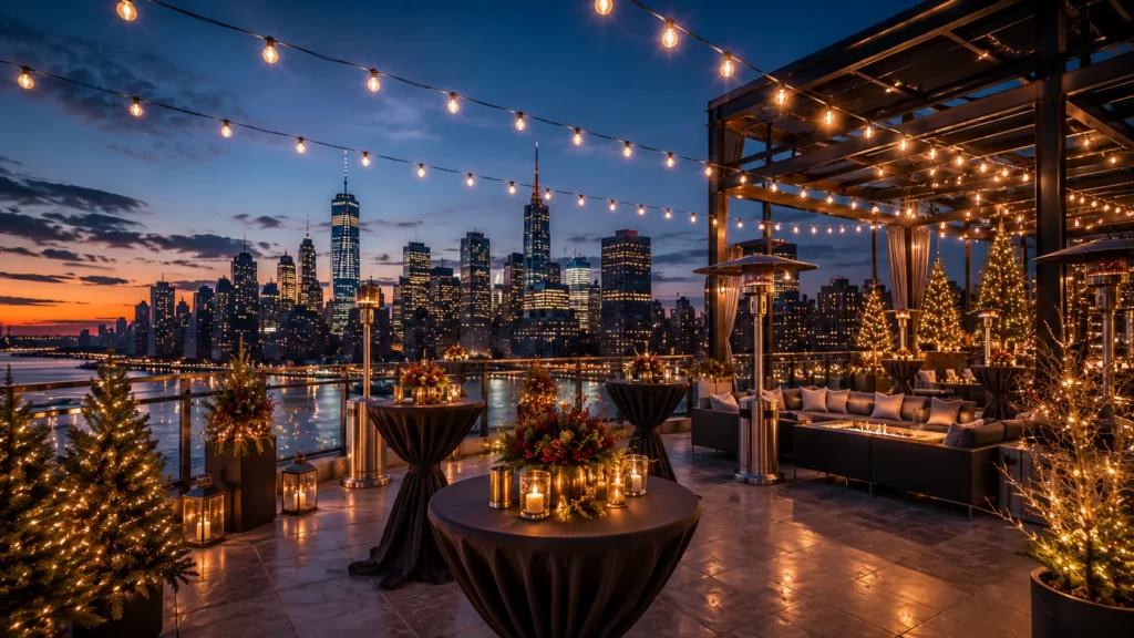 Luxury rooftop venue overlooking a city skyline with elegant holiday decorations, cocktail tables, string lighting, and festive winter décor.