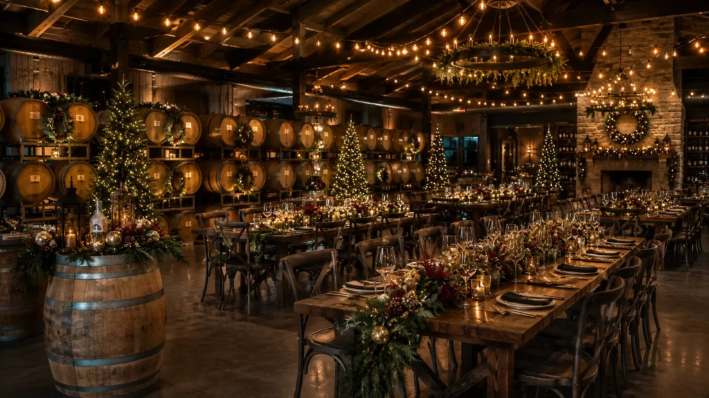 Elegant winery event venue featuring festive holiday décor, rustic wooden tables, ambient lighting, decorated wine barrels, and sophisticated seasonal styling.