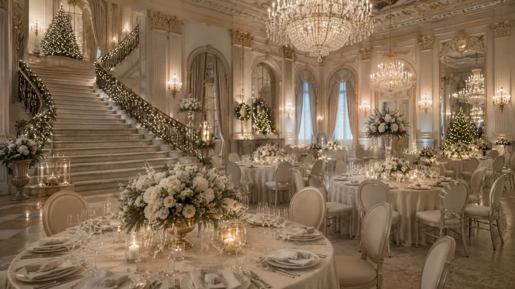 Elegant historic mansion decorated for a corporate holiday celebration with grand staircases, festive holiday décor, luxurious banquet tables, and warm ambient lighting.