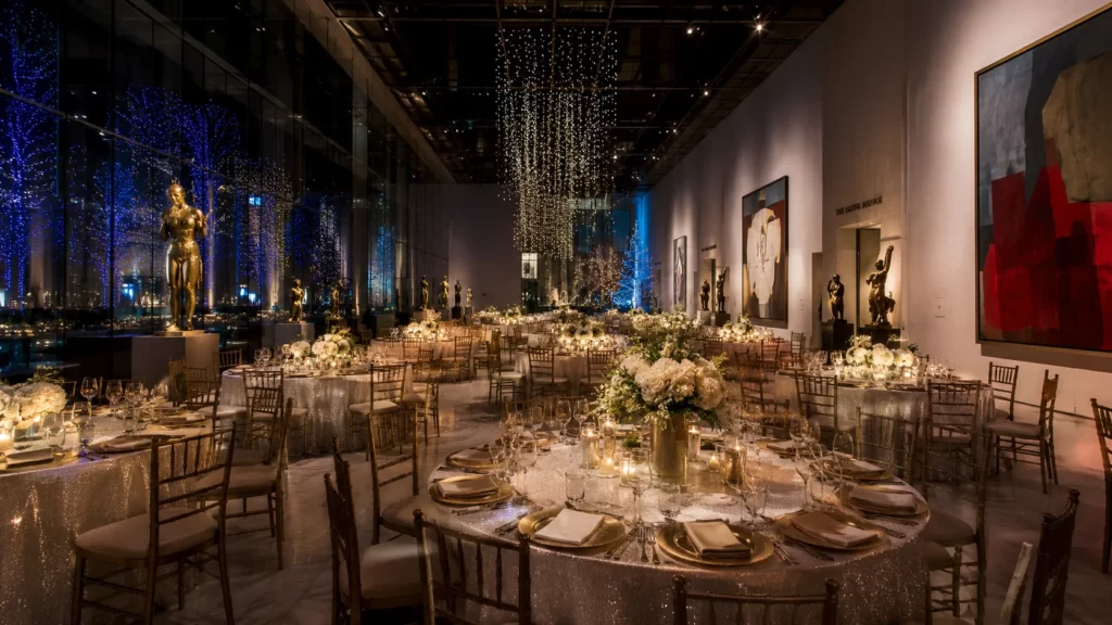 Modern museum event space decorated for a corporate holiday party with elegant dining tables, artistic displays, festive lighting, and sophisticated seasonal décor.