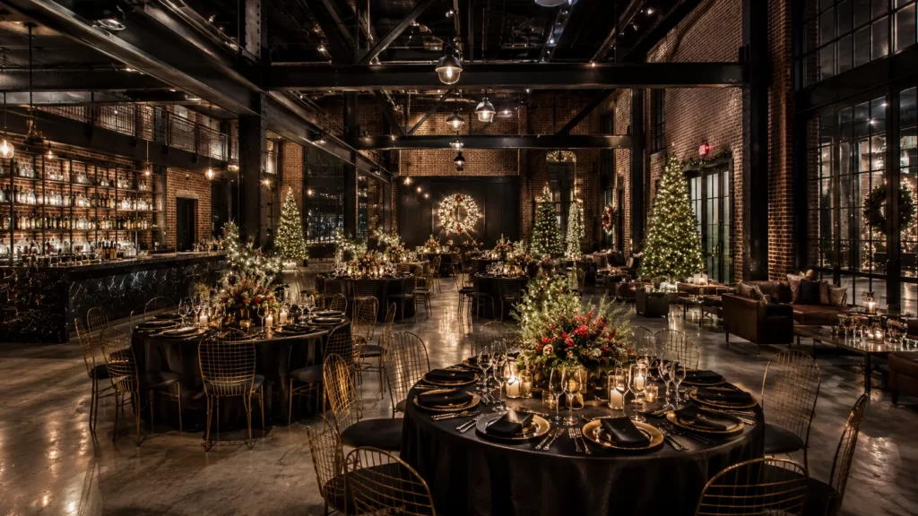 Modern industrial loft decorated for a corporate holiday celebration with exposed brick walls, festive lighting, elegant banquet tables, and contemporary event décor