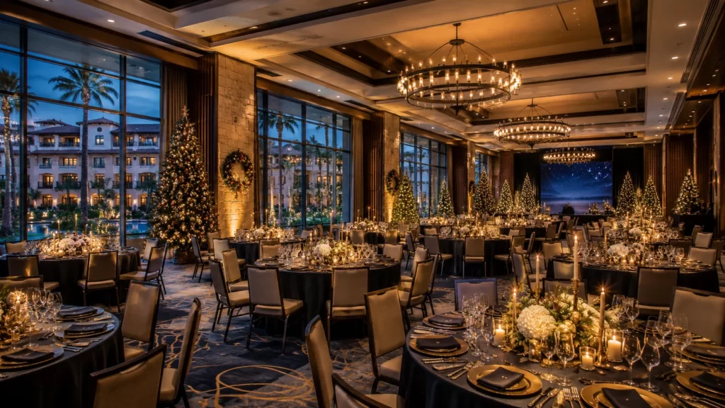 Luxury resort conference center decorated for a corporate holiday celebration featuring elegant banquet halls, festive lighting, premium holiday décor, and landscaped surroundings.