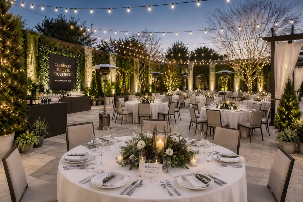 Elegant outdoor garden venue decorated with festive holiday lighting, luxury banquet tables, seasonal greenery, and sophisticated event décor.