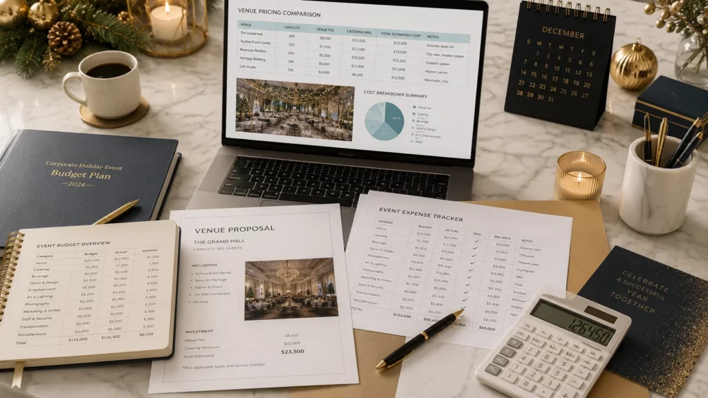 Corporate event budget planning documents with venue proposals, calculators, expense worksheets, and holiday planning materials.