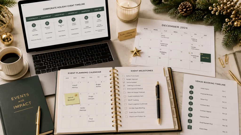 Corporate holiday event planning calendar with booking timeline, venue schedule, planning checklist, and business organizer.