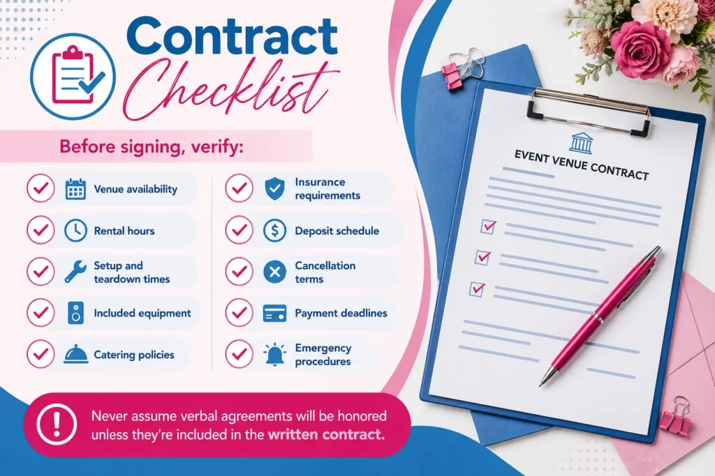 Corporate event contract, venue agreement, planning checklist, and premium business documents prepared for a holiday celebration.